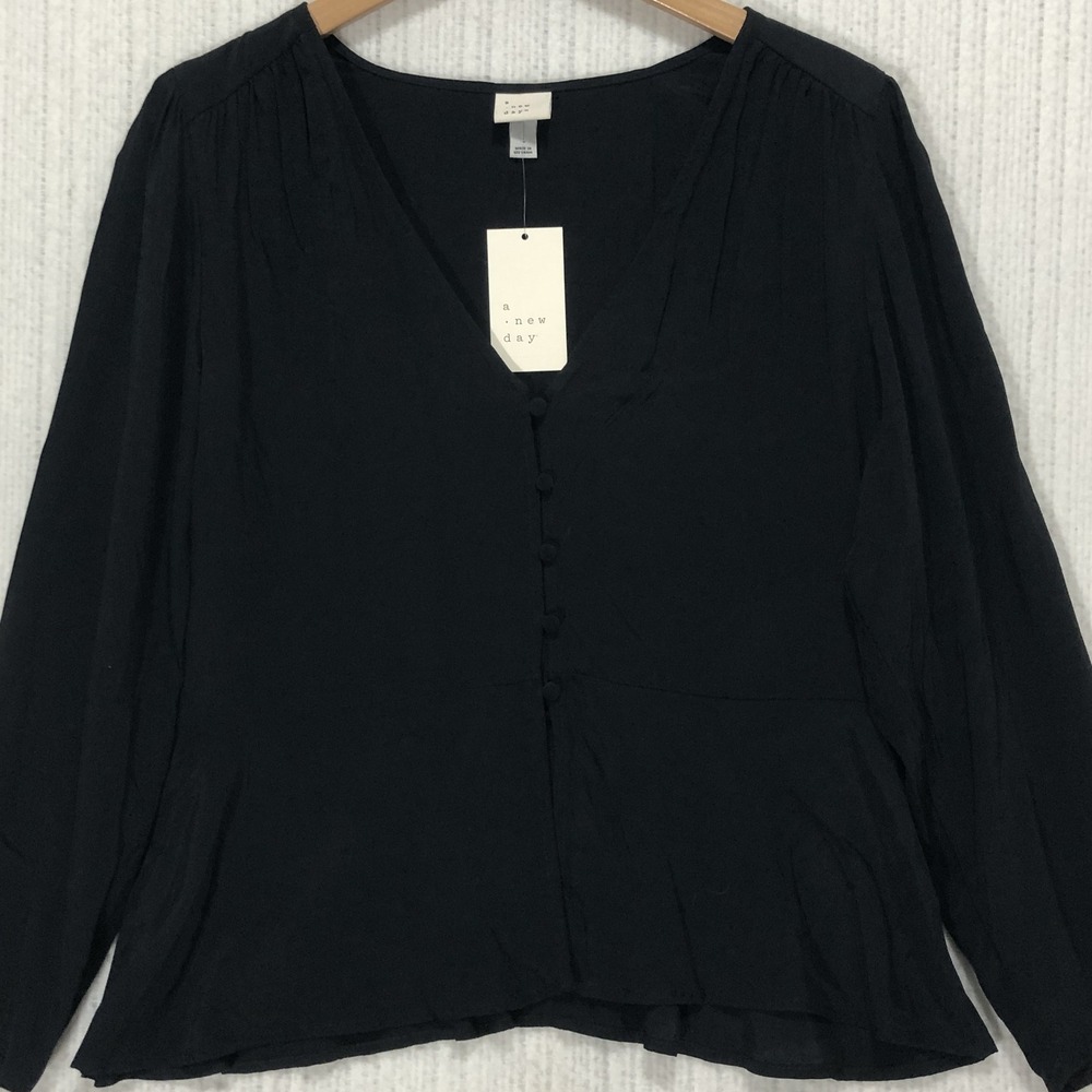 A New Day Womens Black Long Sleeve V-Neck Button Front Peplum Blouse Large NWT
